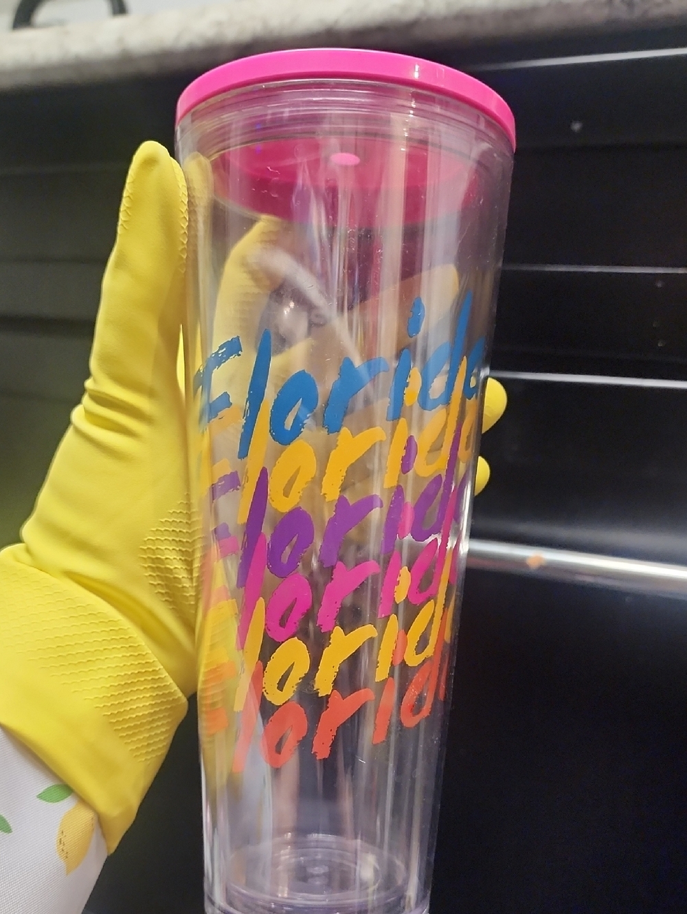 Starbucks Pink Lid Clear Tumbler with Multicolor 'Florida' Script